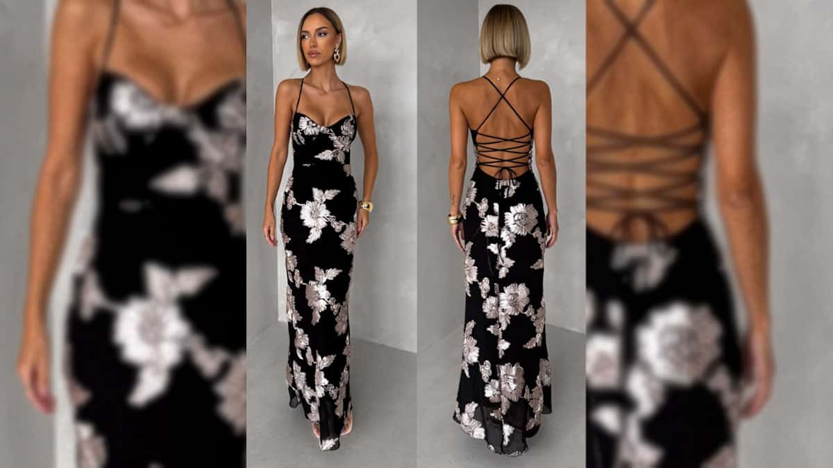 Dlouhé černé společenské šaty s květinovou výšivkou a šněrováním na zádech – trendy šaty na svatbu 2026 pro svědkyni nebo hosta